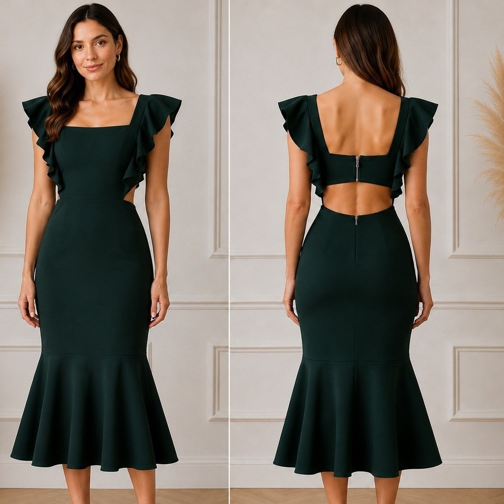 Petal + Pup Mermaid Dress Medium Dark Green Ruffle Cutout Wedding Guest Formal